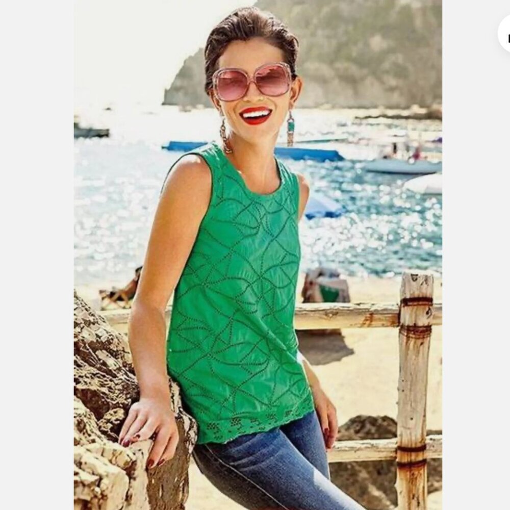 CAbi Gemma Cotton Bright Green Eyelet Lace Spring Tank Top Scallop Hem Small